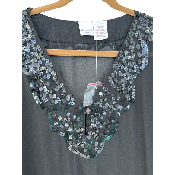 Romans swim coverup black sheer with sequin trim side slit tie waist Large - Picture 2 of 9